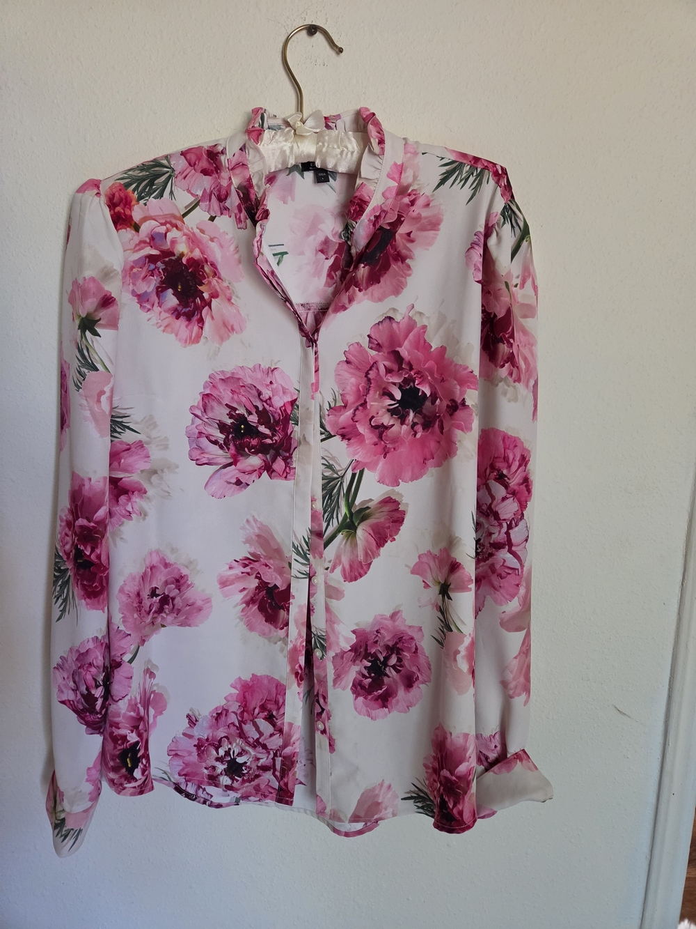 Express Puff Shoulder White Blouse with Pink Floral Print
